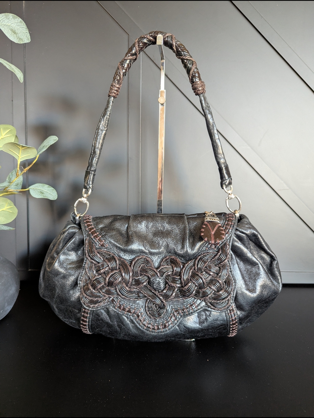 Brighton Black Shoulder Bag with Brown Braided Accents